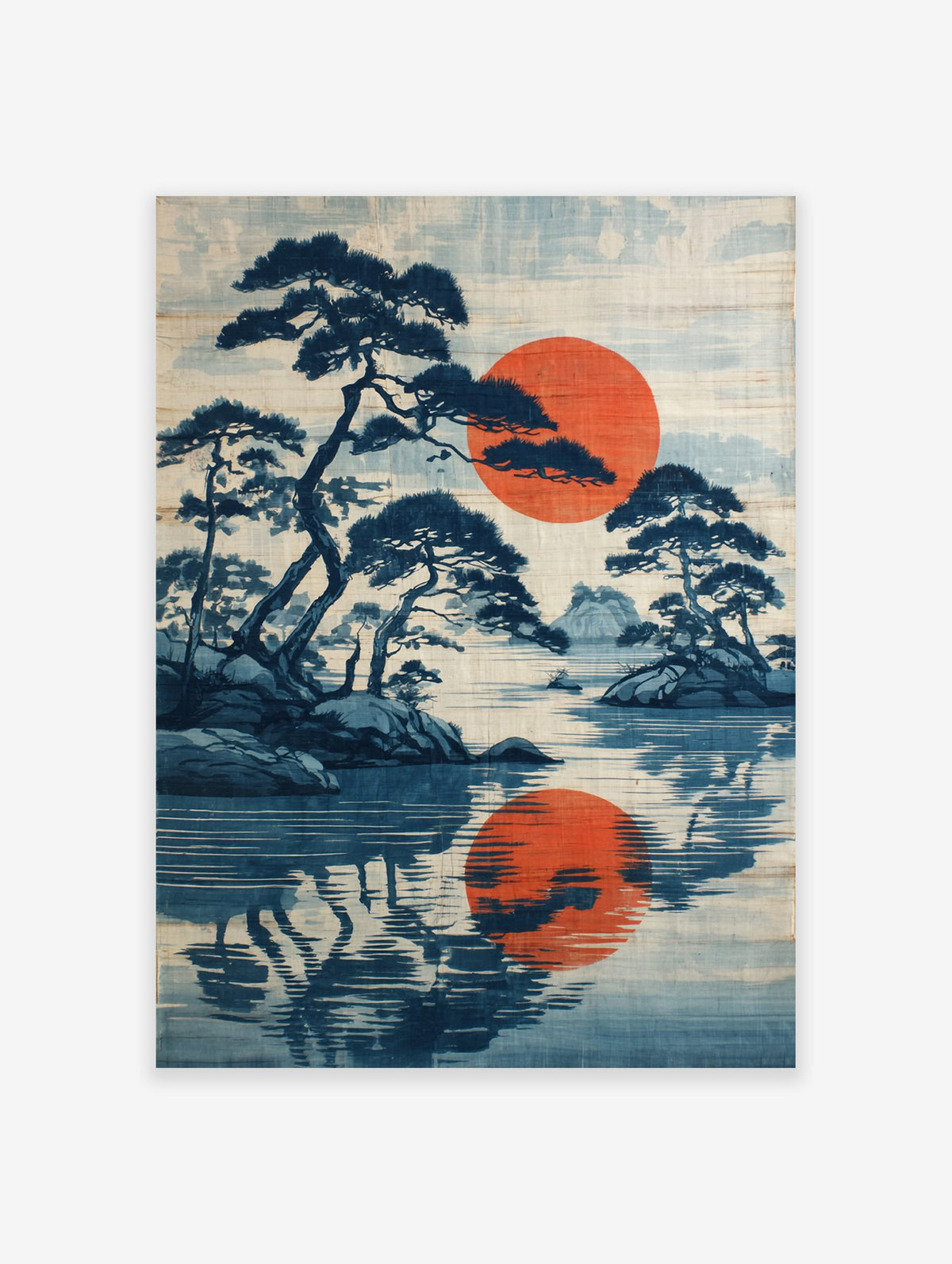 Japanese landscape poster with dark blue pine trees, a large red sun, and its reflection on calm blue water.