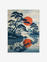 Japanese landscape poster with dark blue pine trees, a large red sun, and its reflection on calm blue water.