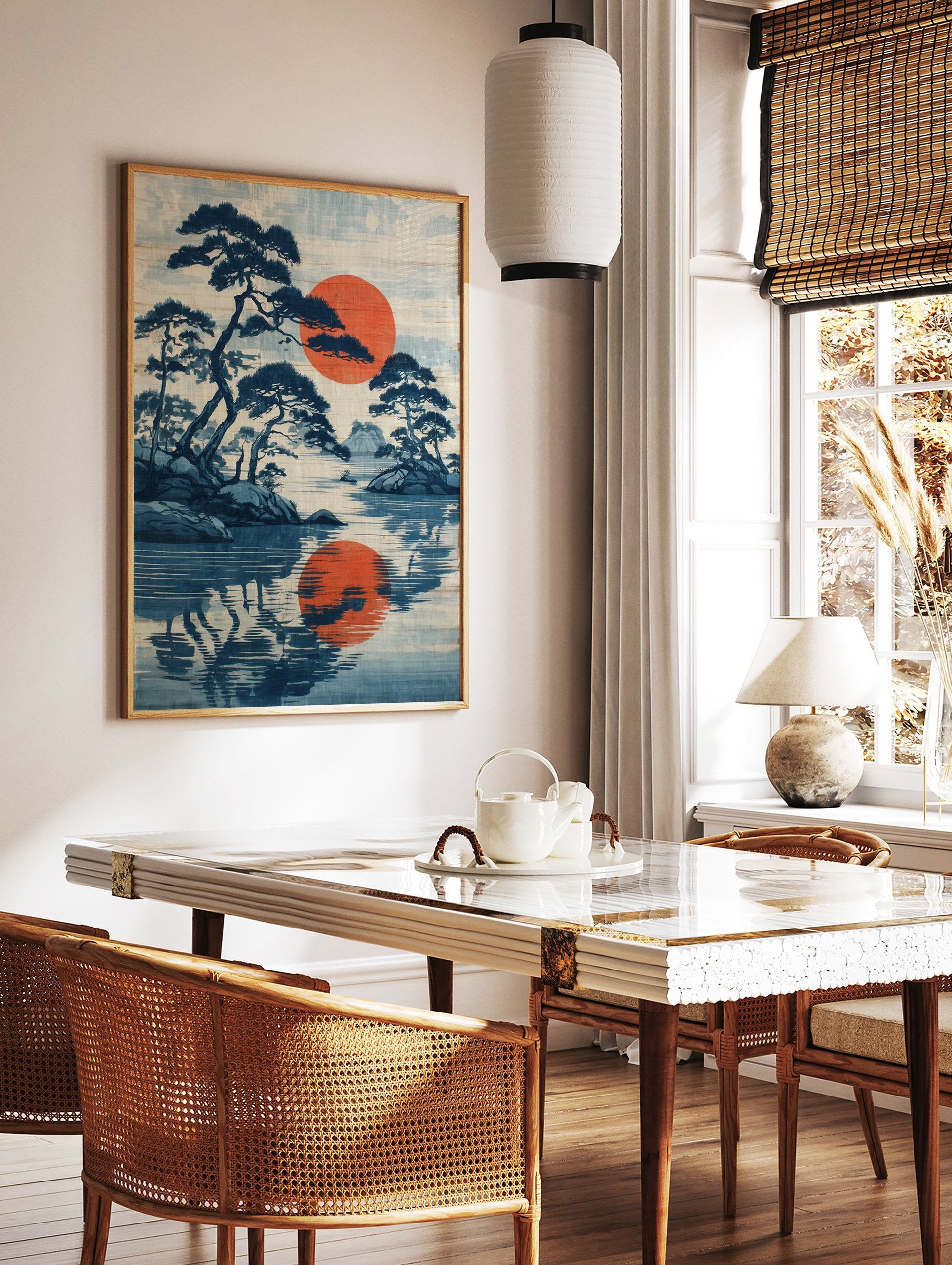 Japanese landscape poster with dark blue pine trees, a large red sun, and its reflection on calm blue water. - Image 2