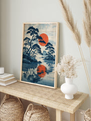 Japanese landscape poster with dark blue pine trees, a large red sun, and its reflection on calm blue water. - Image 4