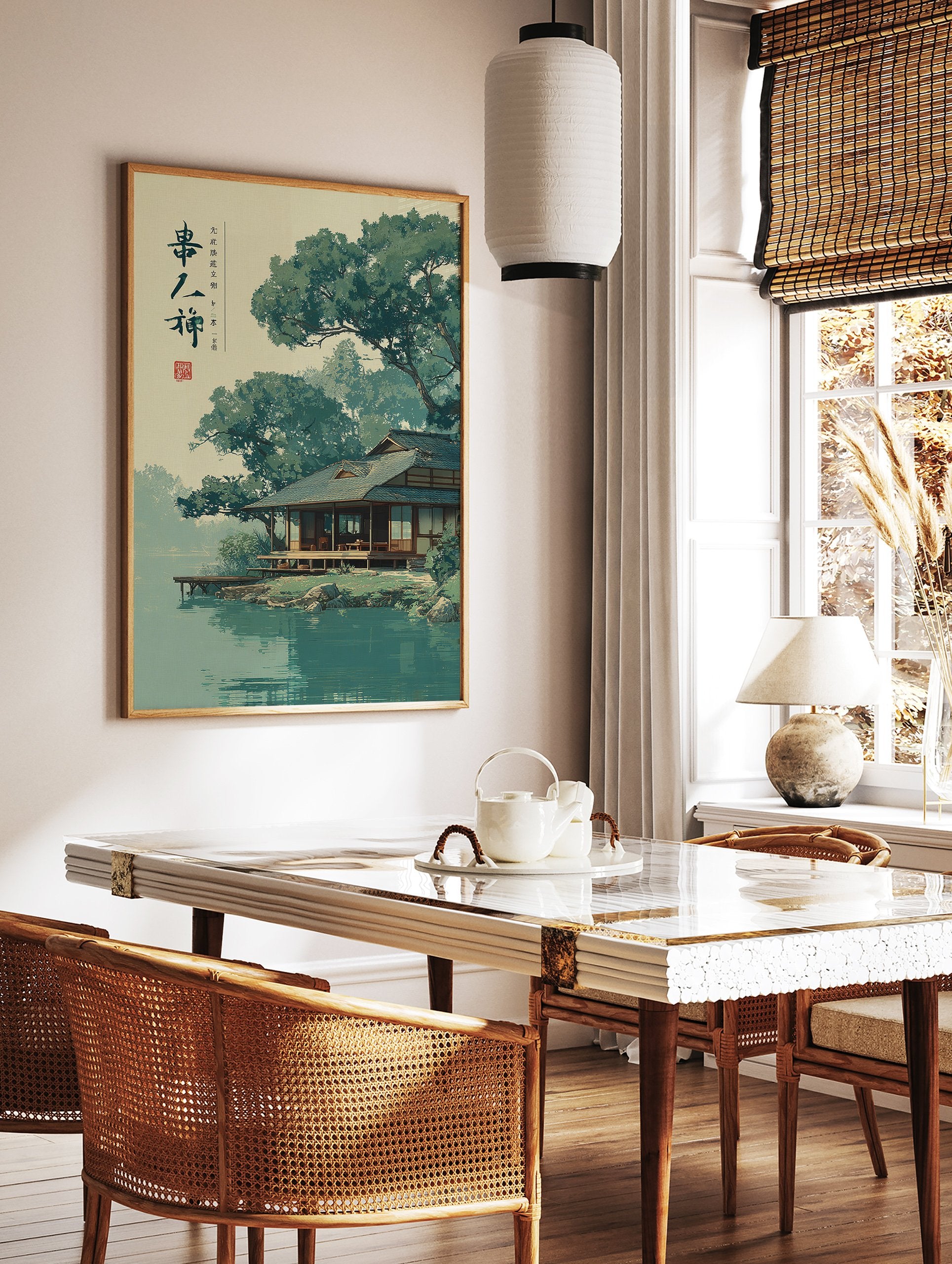 Japanese landscape poster depicting a traditional house by a tranquil lake surrounded by lush green trees. - Image 2