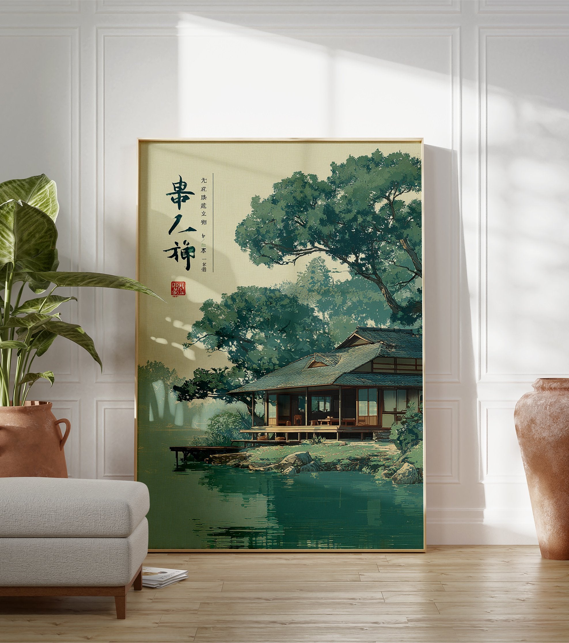 Japanese landscape poster depicting a traditional house by a tranquil lake surrounded by lush green trees. - Image 3