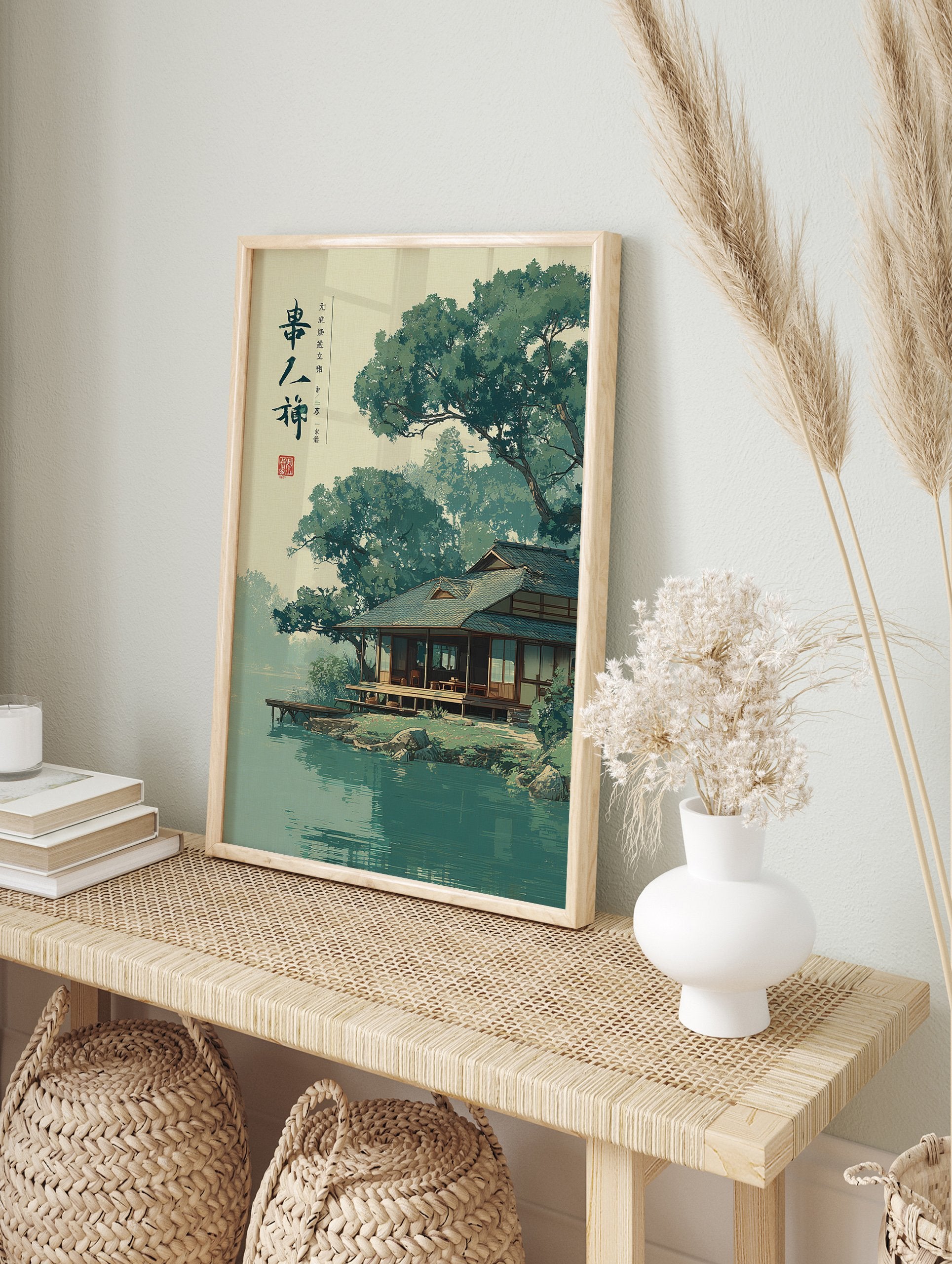 Japanese landscape poster depicting a traditional house by a tranquil lake surrounded by lush green trees. - Image 4