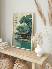 Japanese landscape poster depicting a traditional house by a tranquil lake surrounded by lush green trees. - Image 4