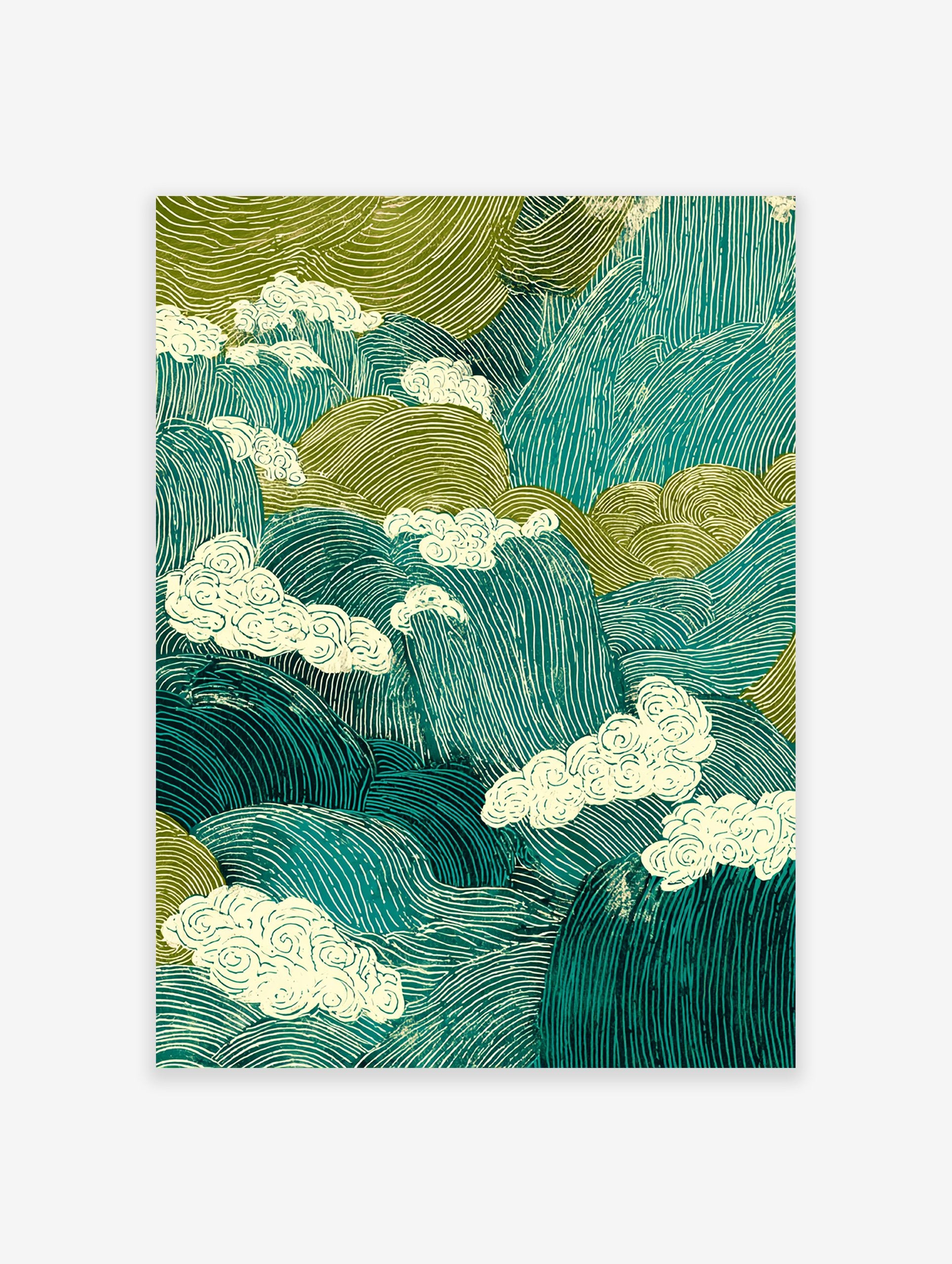 Japanese landscape poster depicting stylized teal and green mountains with swirling cream clouds.