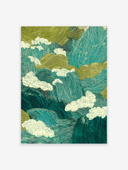 Japanese landscape poster depicting stylized teal and green mountains with swirling cream clouds.