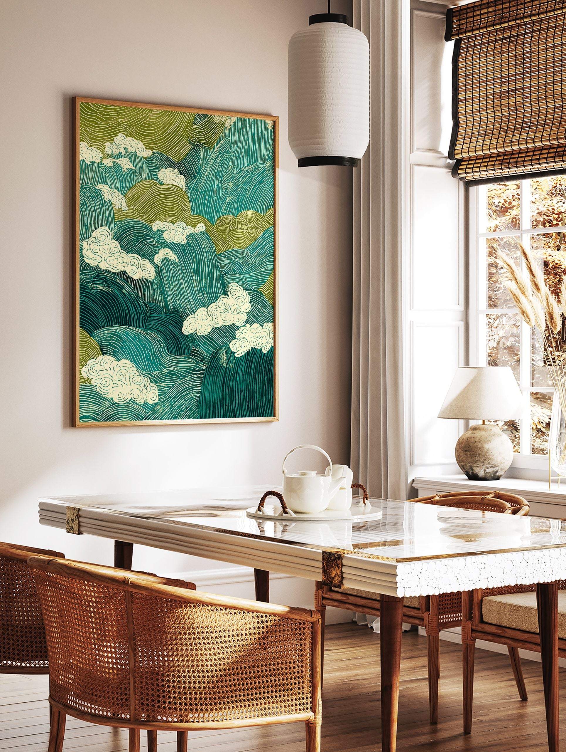 Japanese landscape poster depicting stylized teal and green mountains with swirling cream clouds. - Image 2