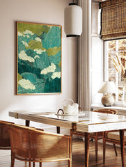 Japanese landscape poster depicting stylized teal and green mountains with swirling cream clouds. - Image 2