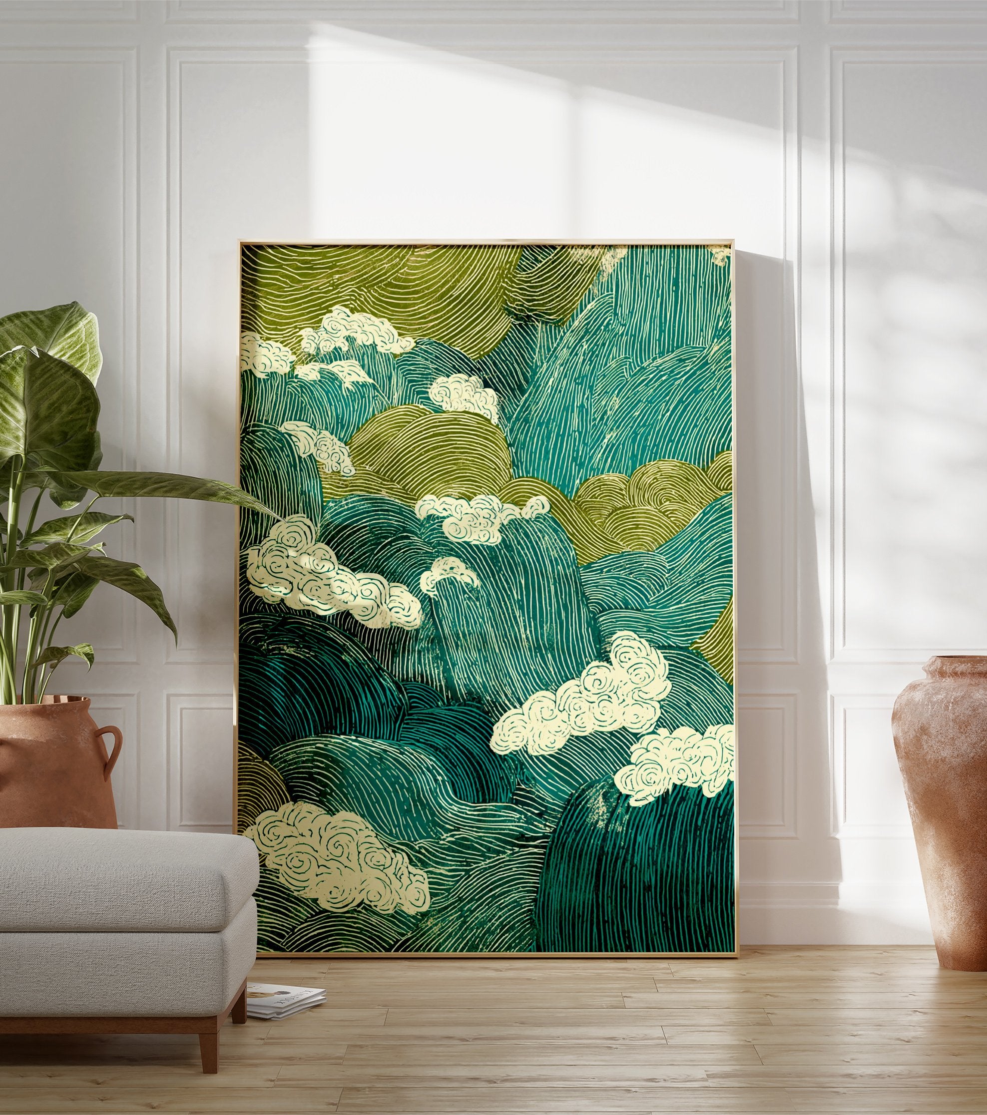 Japanese landscape poster depicting stylized teal and green mountains with swirling cream clouds. - Image 3