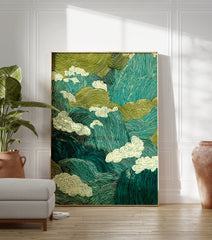 Japanese landscape poster depicting stylized teal and green mountains with swirling cream clouds. - Image 3