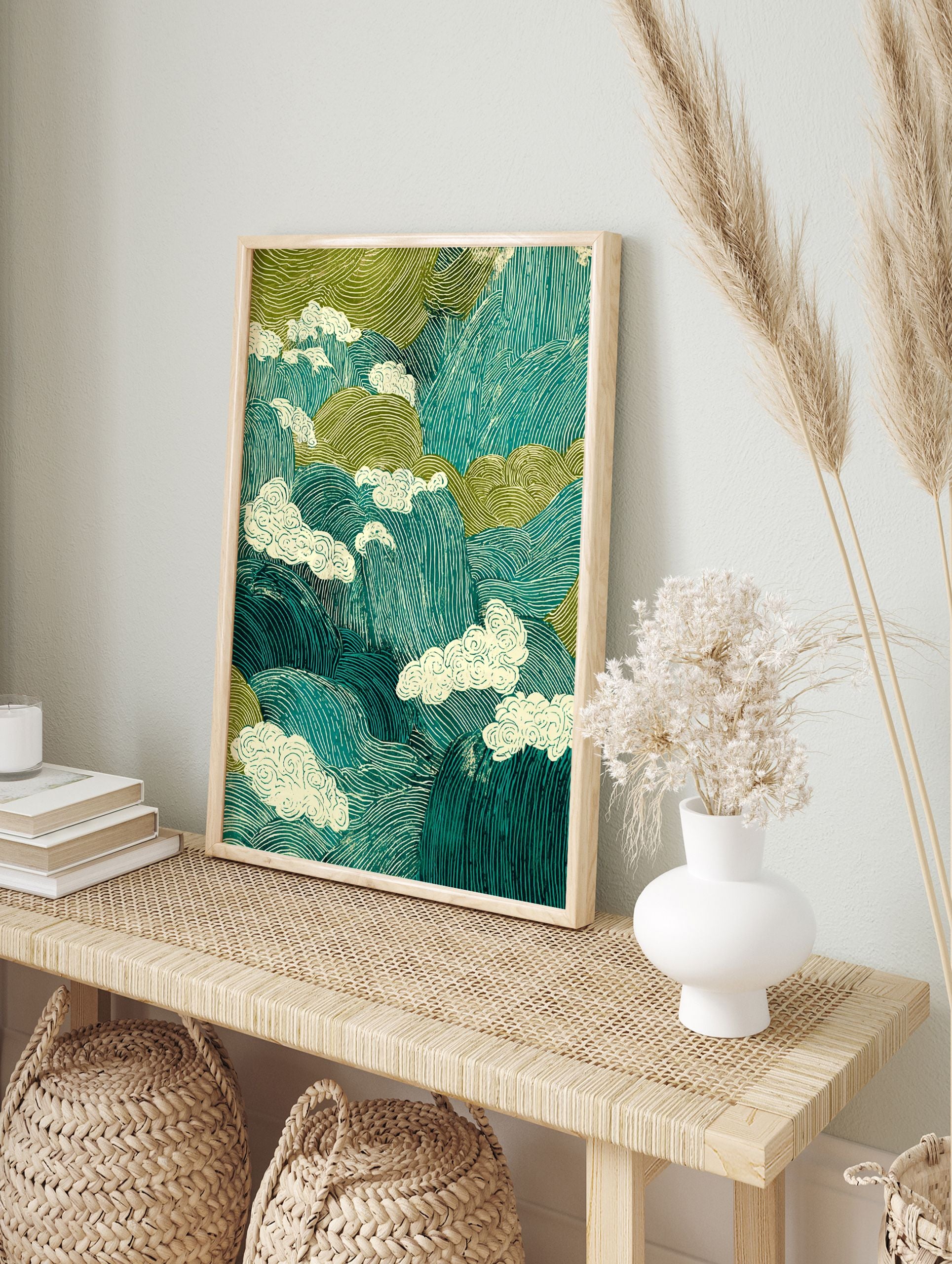 Japanese landscape poster depicting stylized teal and green mountains with swirling cream clouds. - Image 4
