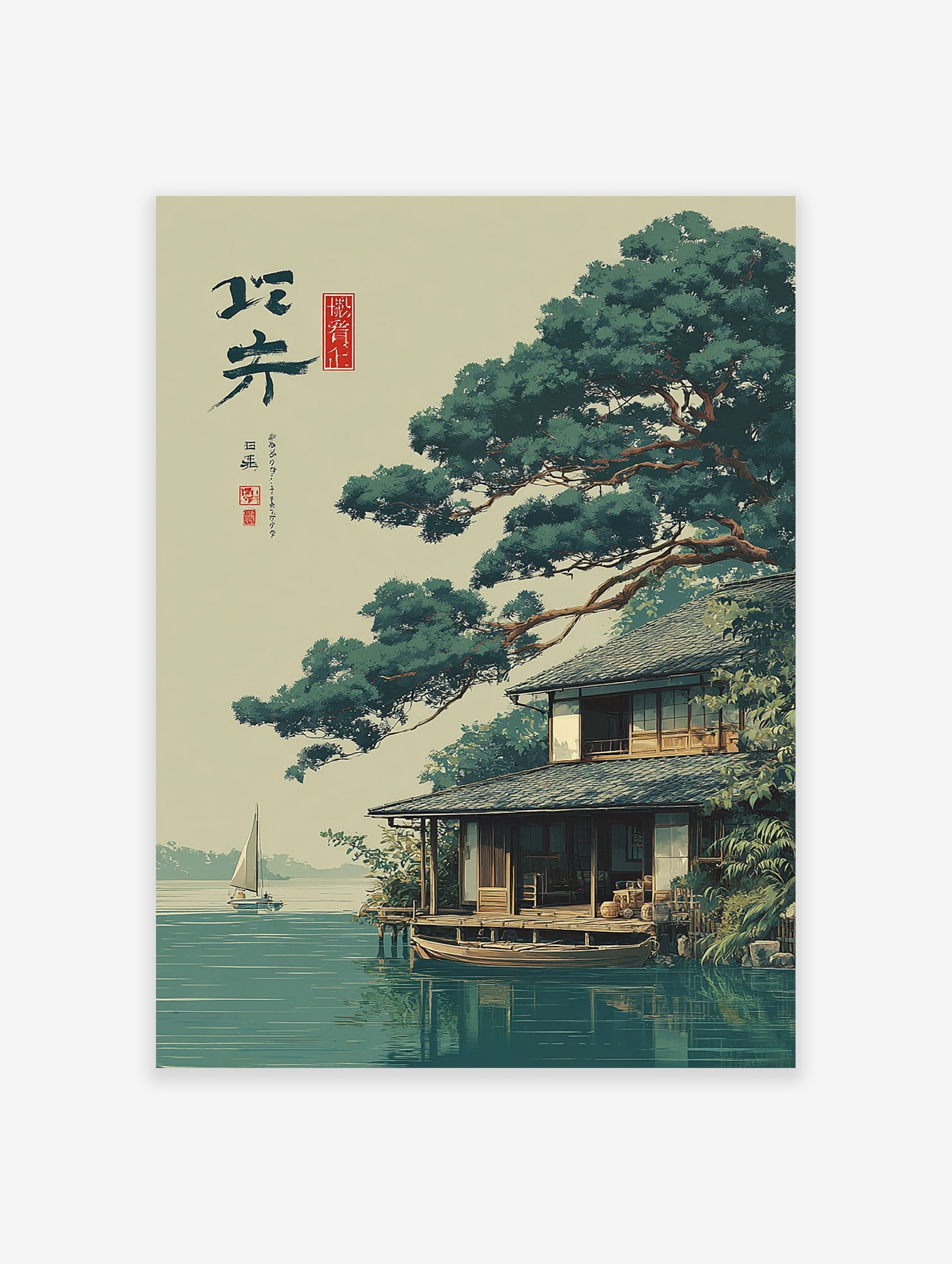 Japanese landscape poster showing a traditional house by the water with a large pine tree and a sailboat in the distance.