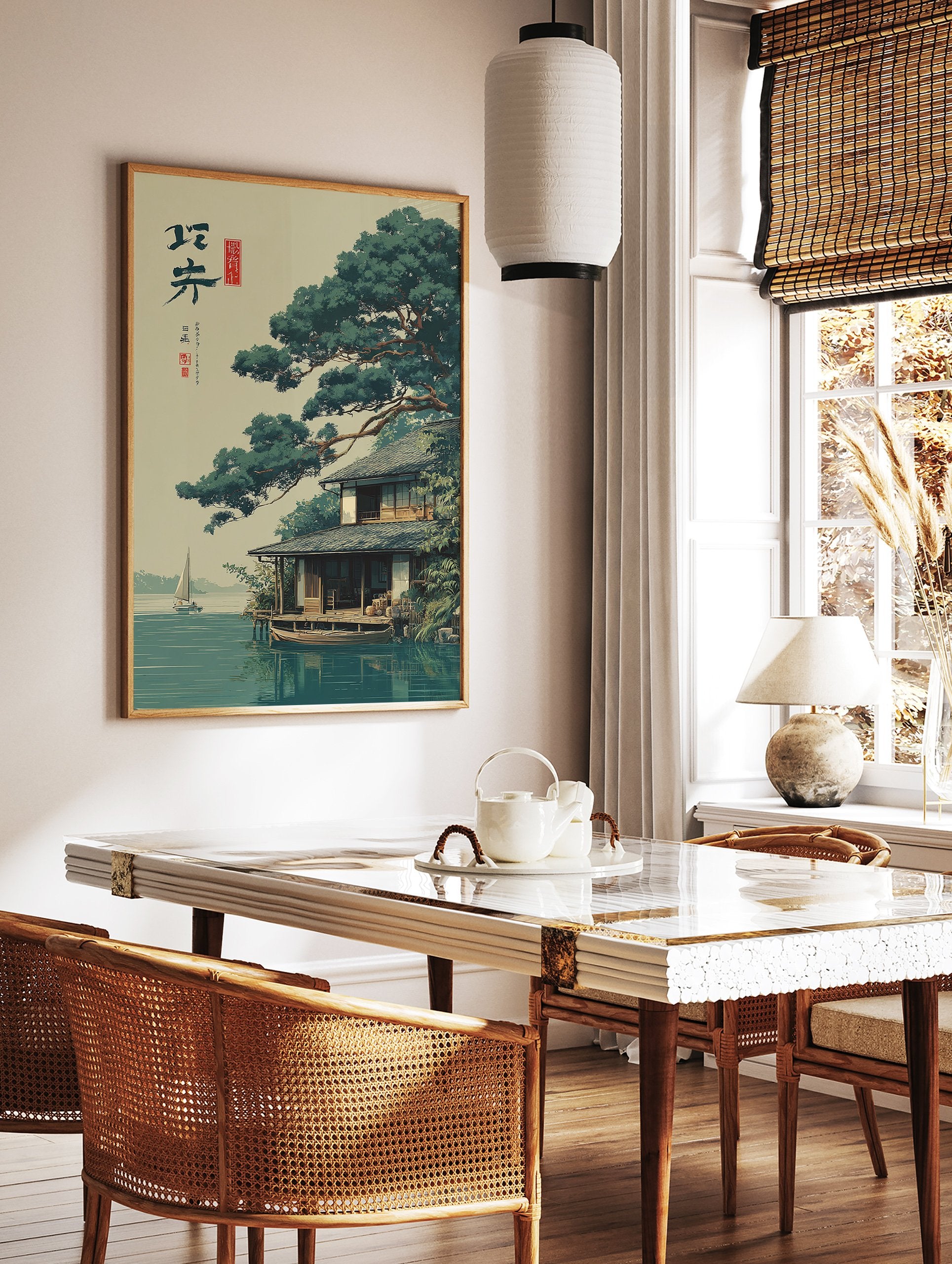 Japanese landscape poster showing a traditional house by the water with a large pine tree and a sailboat in the distance. - Image 2