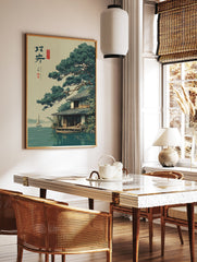 Japanese landscape poster showing a traditional house by the water with a large pine tree and a sailboat in the distance. - Image 2