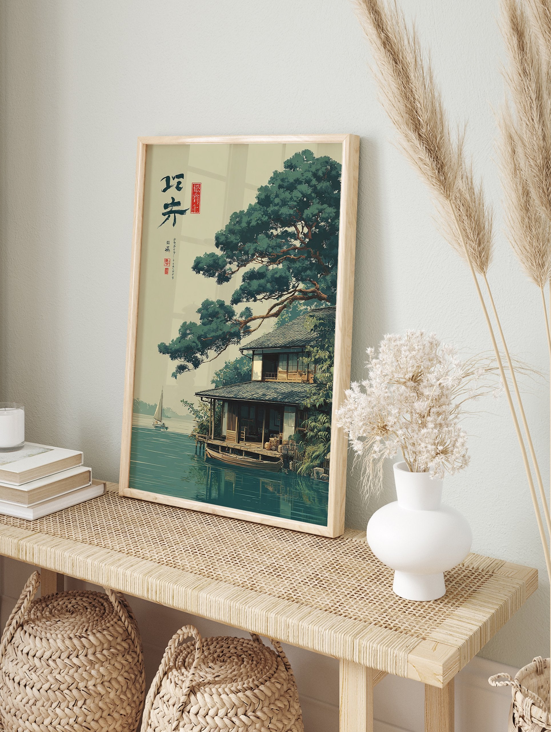 Japanese landscape poster showing a traditional house by the water with a large pine tree and a sailboat in the distance. - Image 4