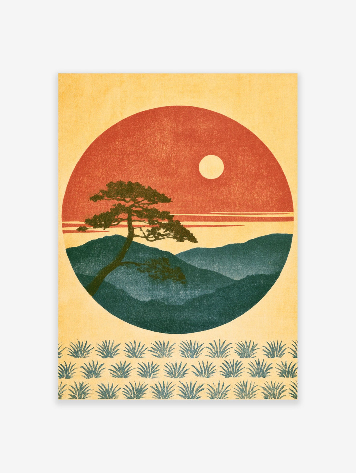 Japanese landscape art print with a pine tree silhouette against a red sun and mountain range on a neutral background