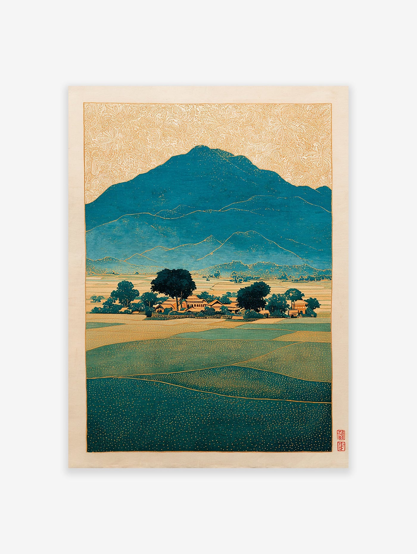 Japanese landscape art print showing teal mountains, green fields, and a village under a golden patterned sky in Ukiyo-e style.