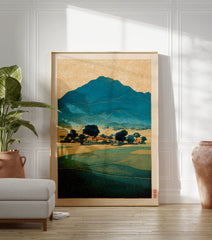 Japanese landscape art print showing teal mountains, green fields, and a village under a golden patterned sky in Ukiyo-e style. - Image 3