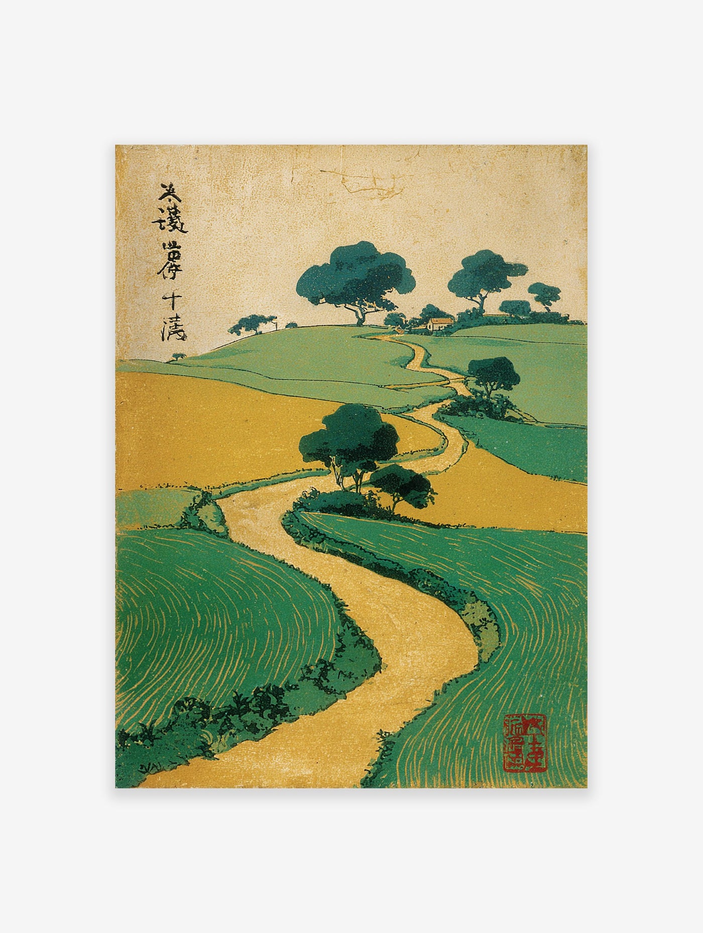 Traditional Japanese landscape woodblock print with green hills, golden fields, winding path, and dark green trees.