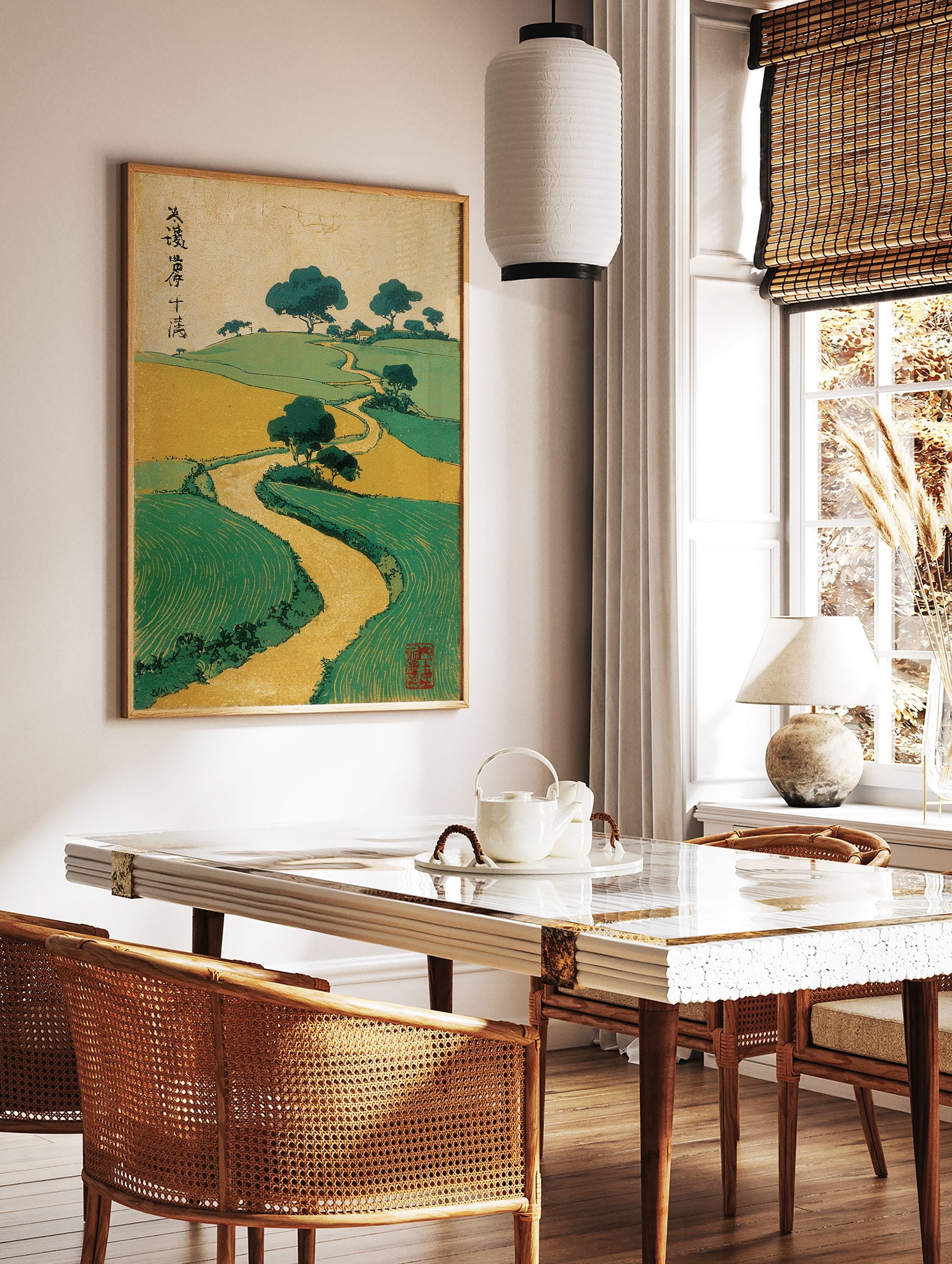Traditional Japanese landscape woodblock print with green hills, golden fields, winding path, and dark green trees. - Image 2