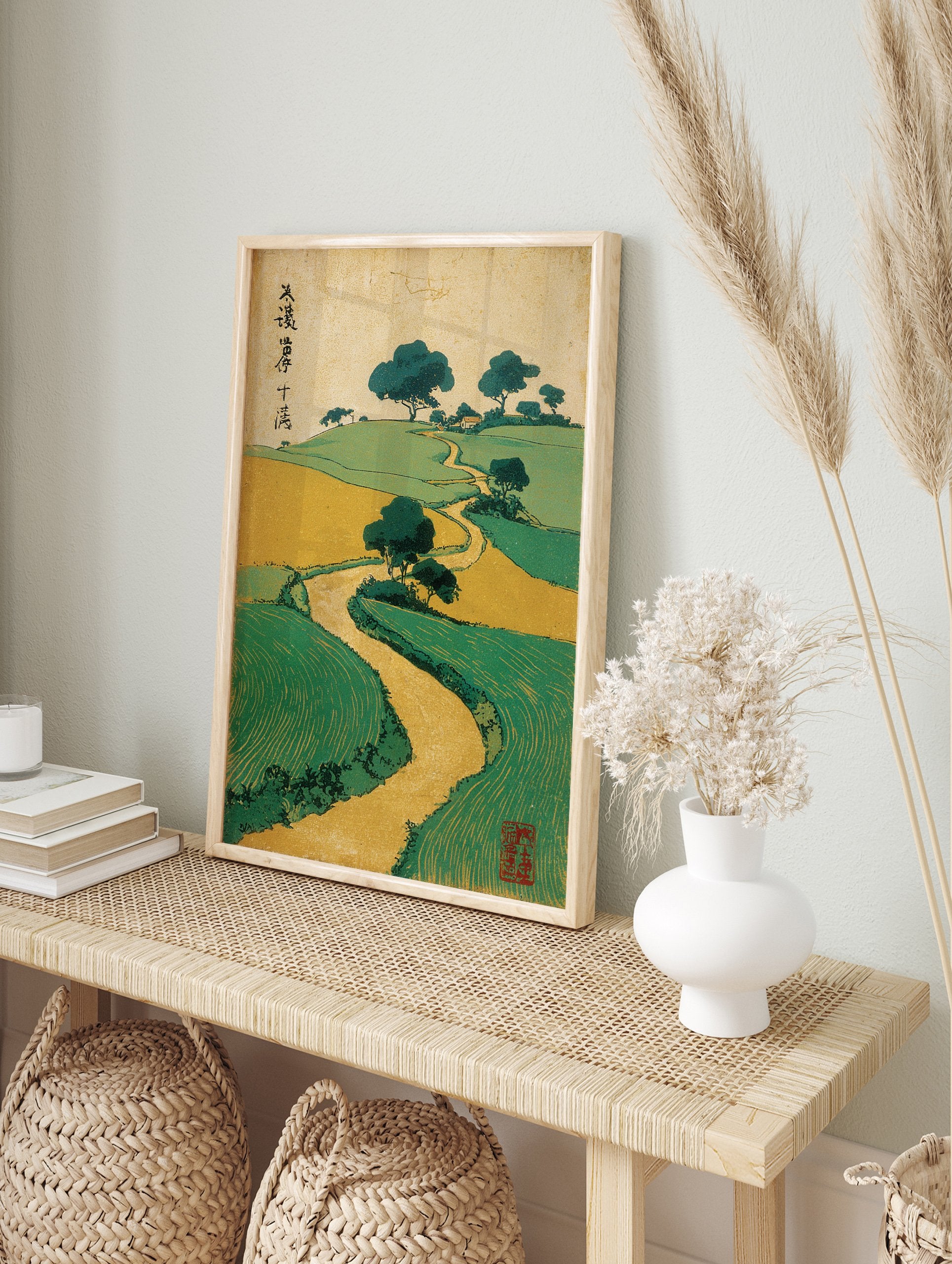 Traditional Japanese landscape woodblock print with green hills, golden fields, winding path, and dark green trees. - Image 3