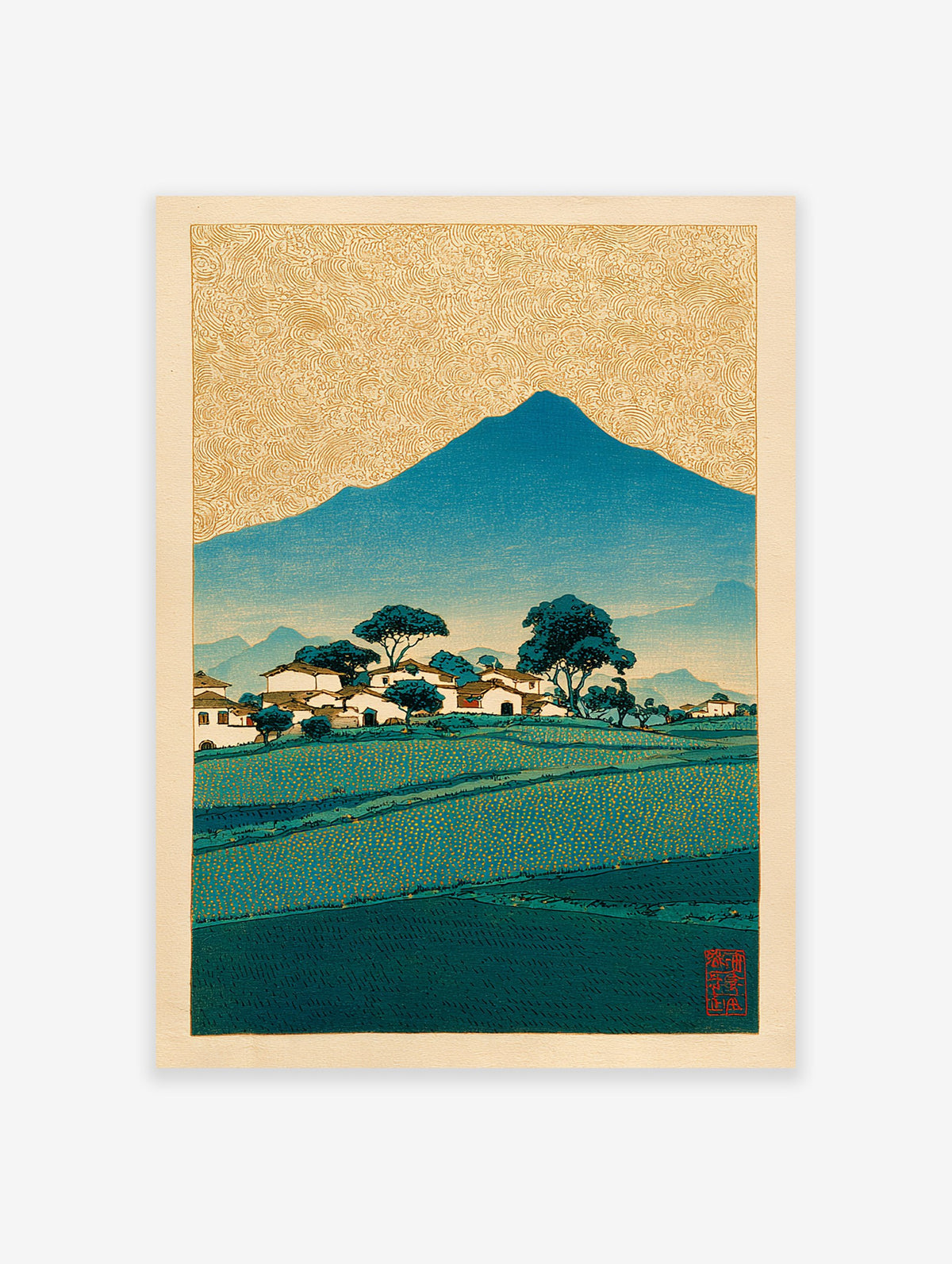 Traditional Japanese landscape woodblock print with a blue mountain, village, green fields, and golden patterned sky.