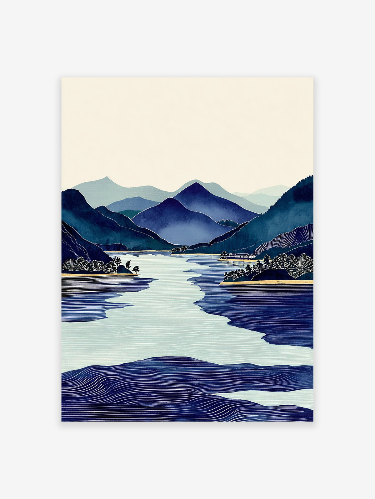 Japanese landscape wall art print with blue mountains, winding lake, and trees in a serene woodblock style.