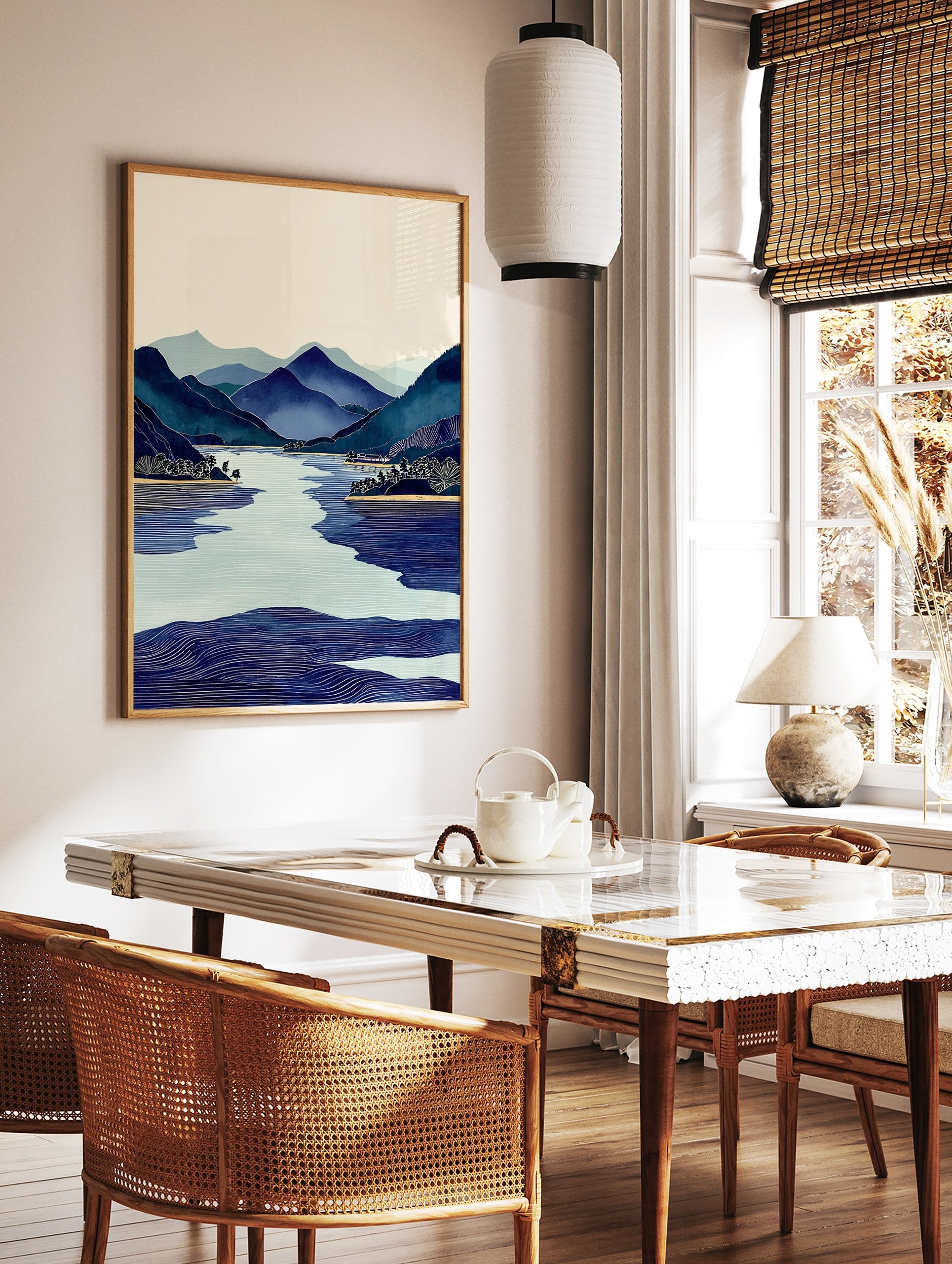 Japanese landscape wall art print with blue mountains, winding lake, and trees in a serene woodblock style. - Image 2