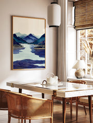 Japanese landscape wall art print with blue mountains, winding lake, and trees in a serene woodblock style. - Image 2