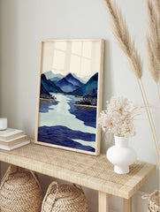 Japanese landscape wall art print with blue mountains, winding lake, and trees in a serene woodblock style. - Image 3