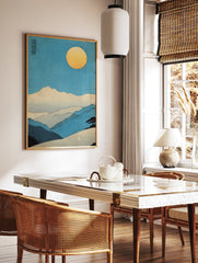 Japanese landscape wall art print with blue mountains, a golden sun, and a stylized tree in traditional Ukiyo-e style. - Image 2