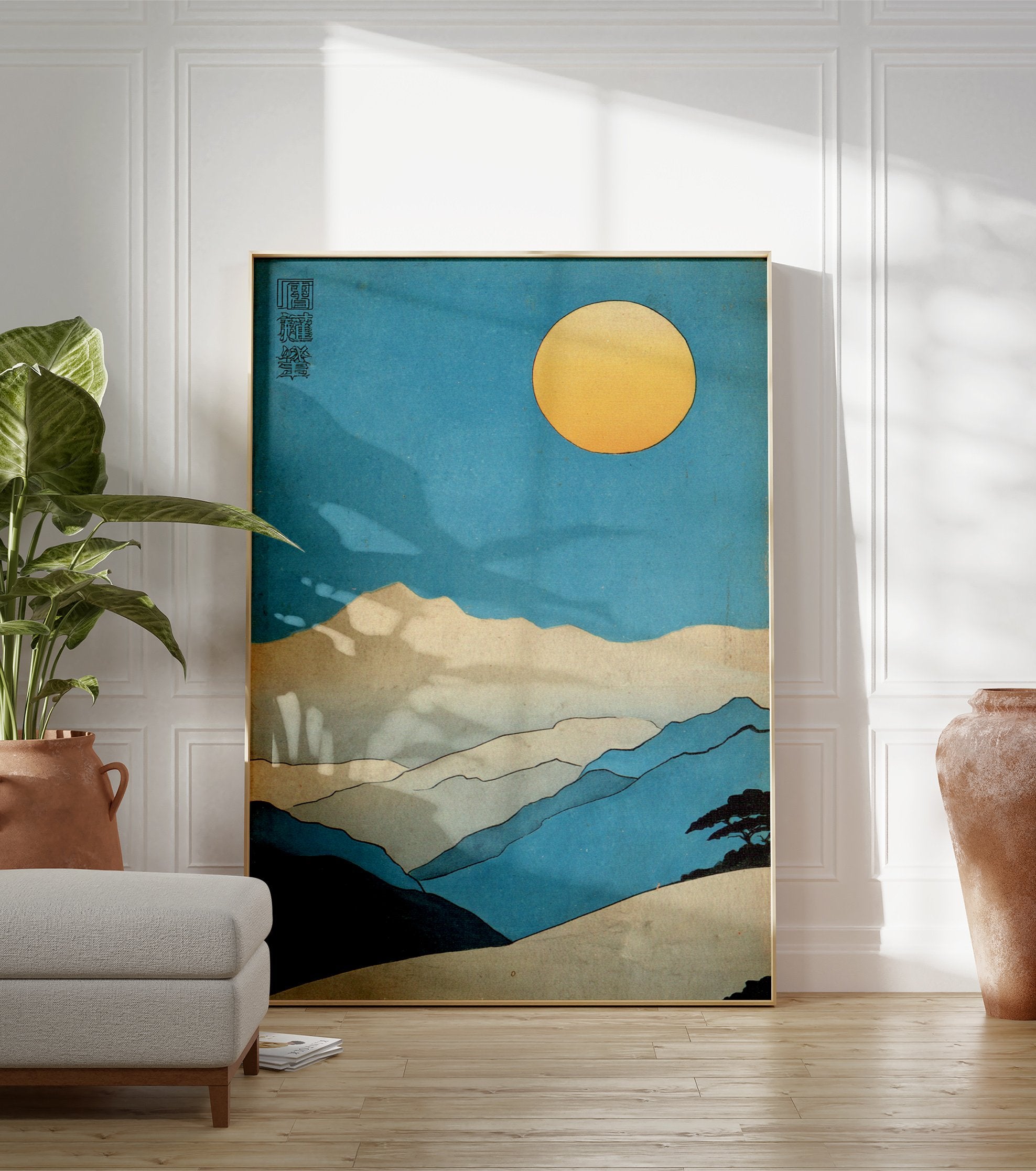 Japanese landscape wall art print with blue mountains, a golden sun, and a stylized tree in traditional Ukiyo-e style. - Image 3