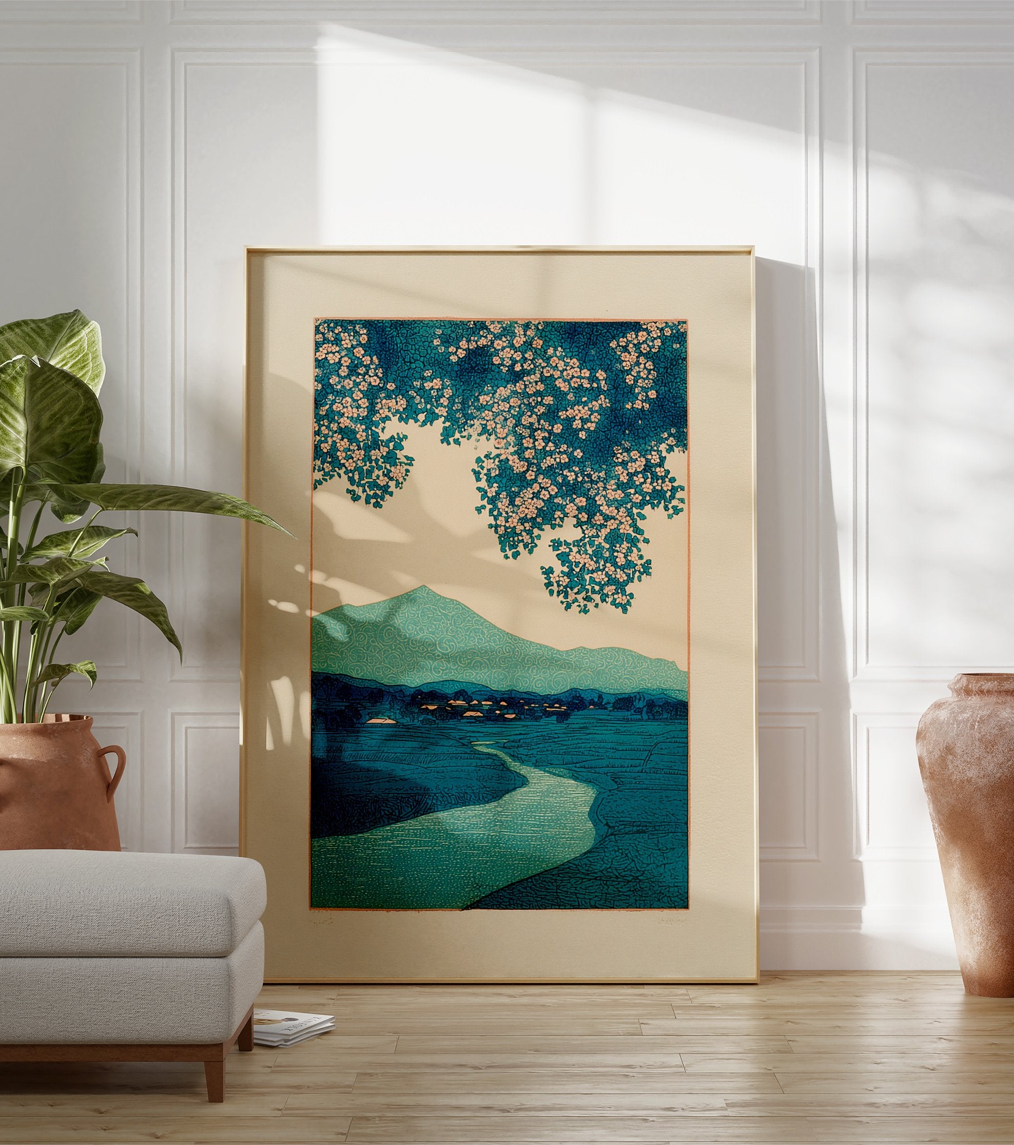 Japanese landscape woodblock print with teal river, mountains, and pink cherry blossoms on a light background. - Image 3