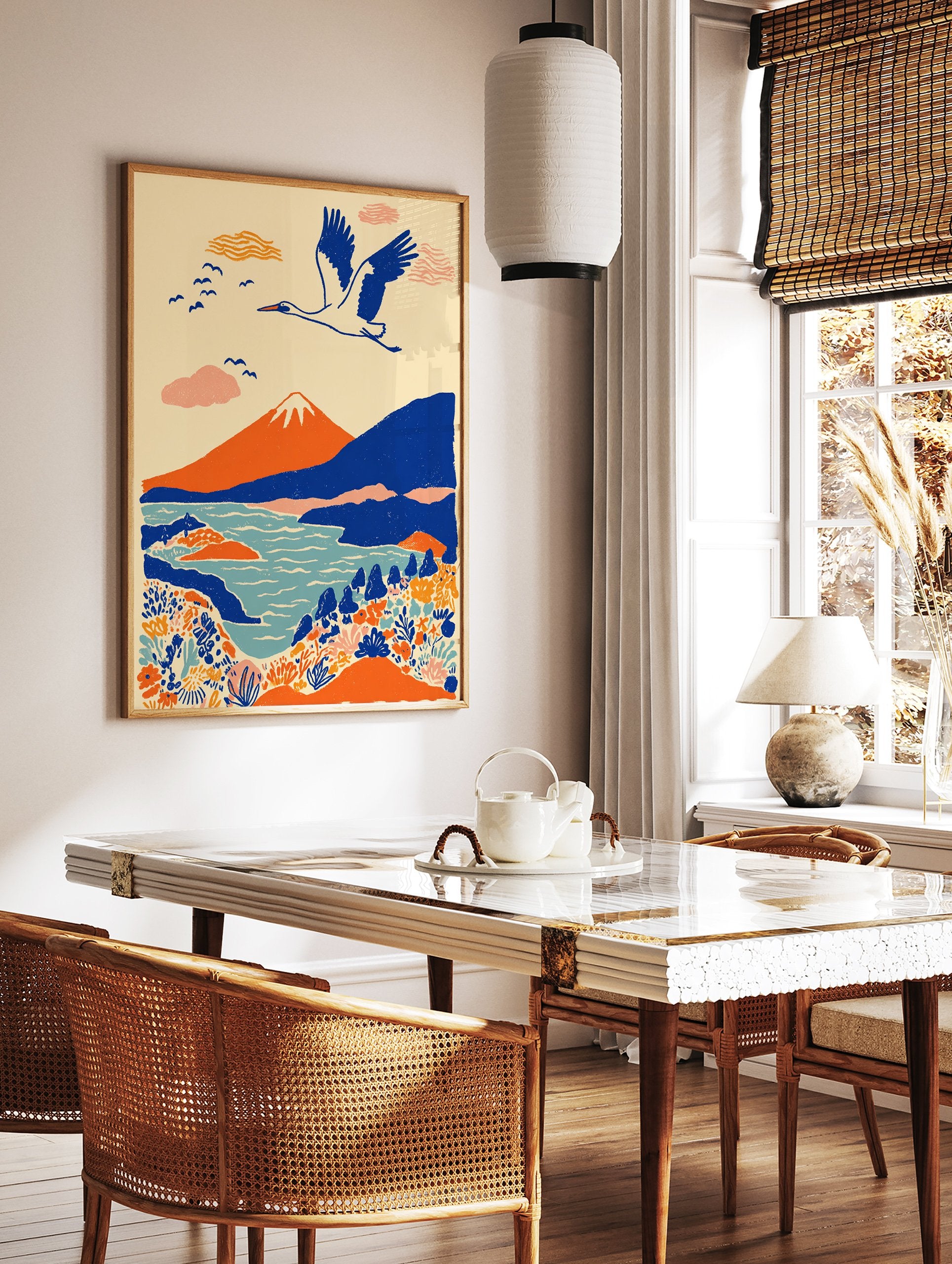 Japanese landscape wall art print with a white crane flying over an orange mountain, blue lake, and colorful plants. - Image 2