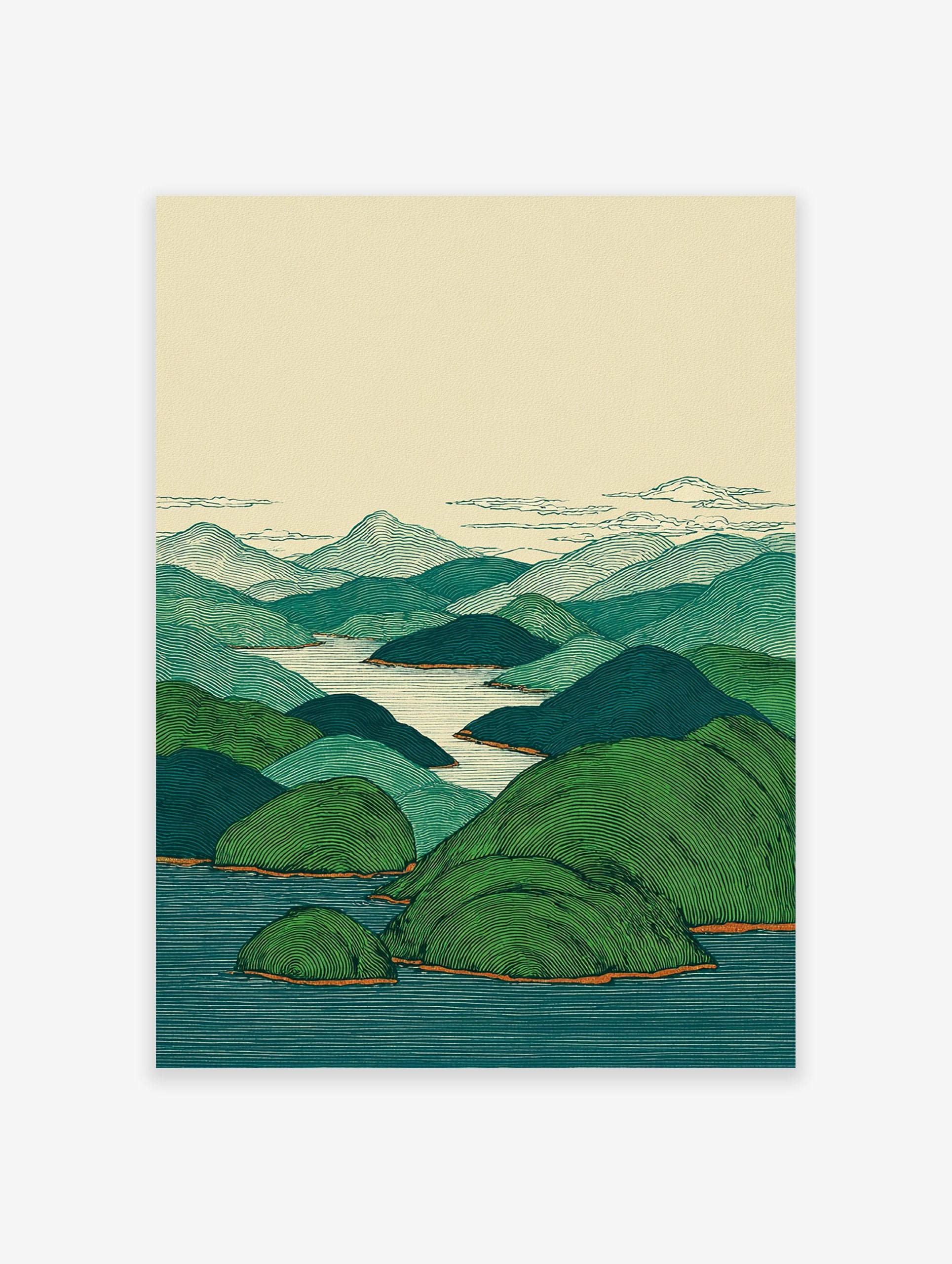 Japanese Landscape Art Print with green mountains, blue water, and a light sky, featuring detailed line work and subtle orange accents.