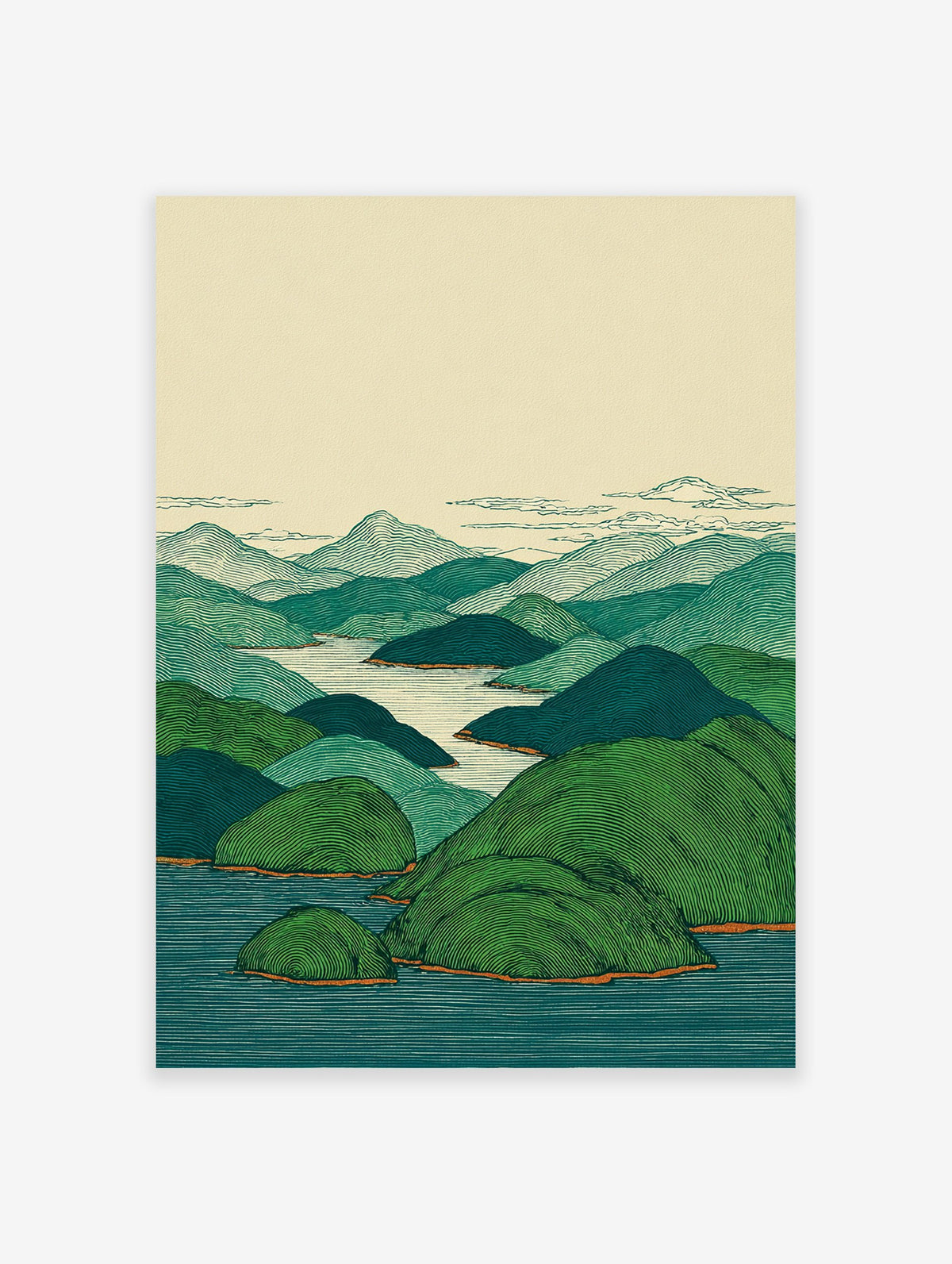 Japanese Landscape Art Print with green mountains, blue water, and a light sky, featuring detailed line work and subtle orange accents.