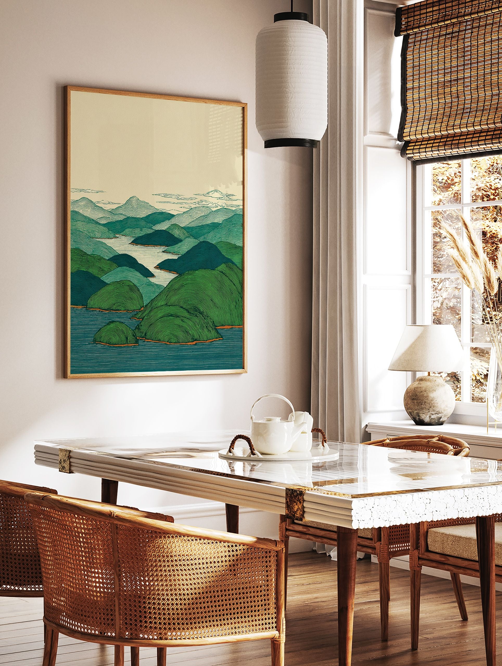 Japanese Landscape Art Print with green mountains, blue water, and a light sky, featuring detailed line work and subtle orange accents. - Image 2