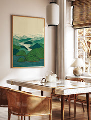 Japanese Landscape Art Print with green mountains, blue water, and a light sky, featuring detailed line work and subtle orange accents. - Image 2
