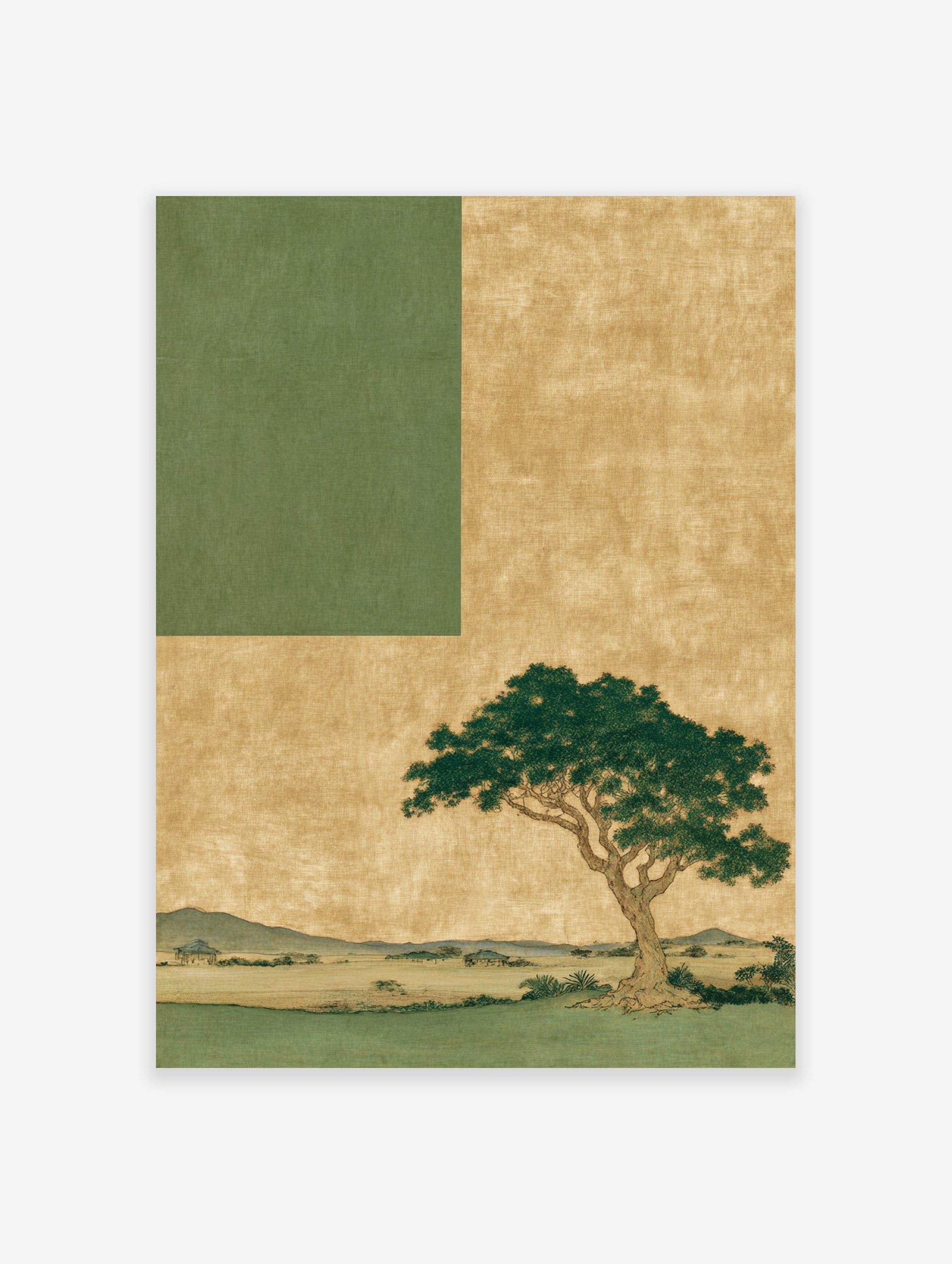 Japanese landscape wall art featuring a green tree on a textured gold background, with green foreground and distant mountains.