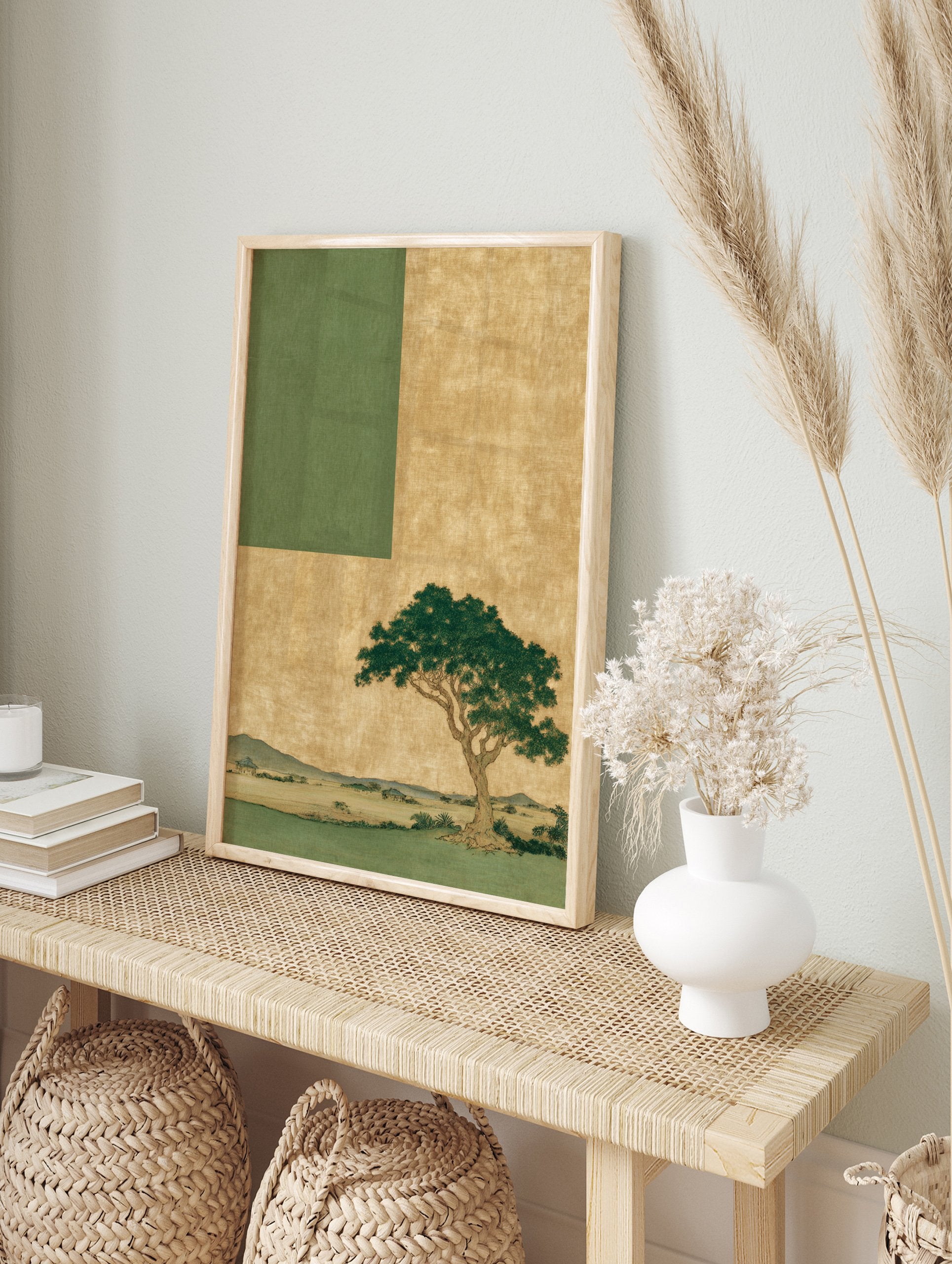 Japanese landscape wall art featuring a green tree on a textured gold background, with green foreground and distant mountains. - Image 3