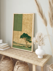 Japanese landscape wall art featuring a green tree on a textured gold background, with green foreground and distant mountains. - Image 3