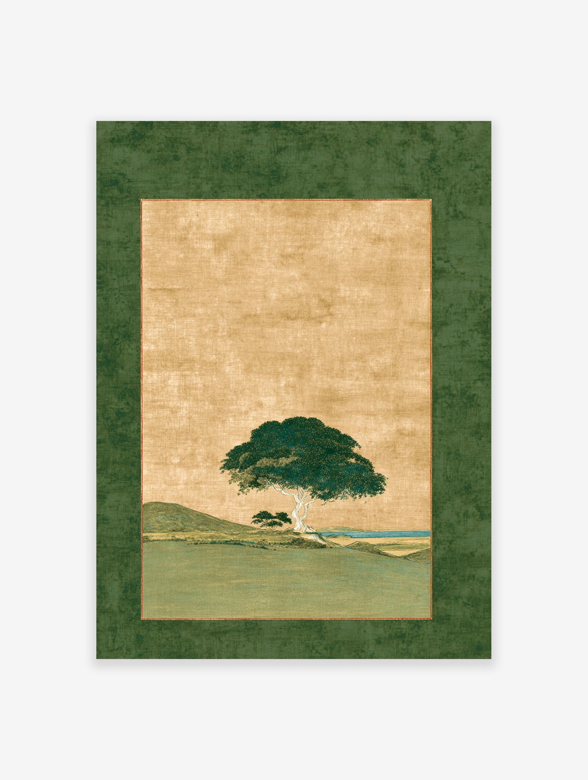 Japanese Landscape Wall Art featuring a green tree on a gold background with a textured green border and hills.