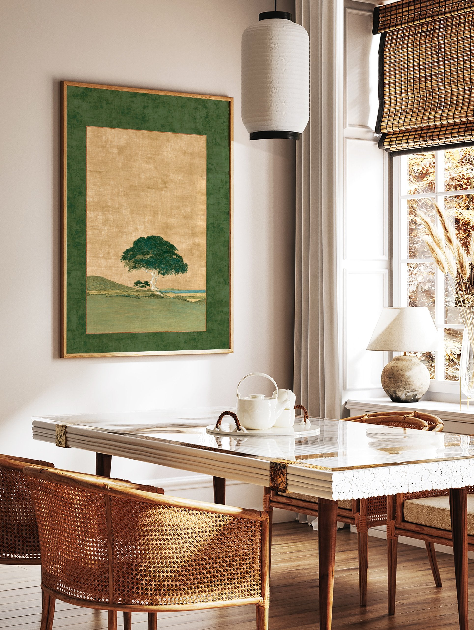 Japanese Landscape Wall Art featuring a green tree on a gold background with a textured green border and hills. - Image 2