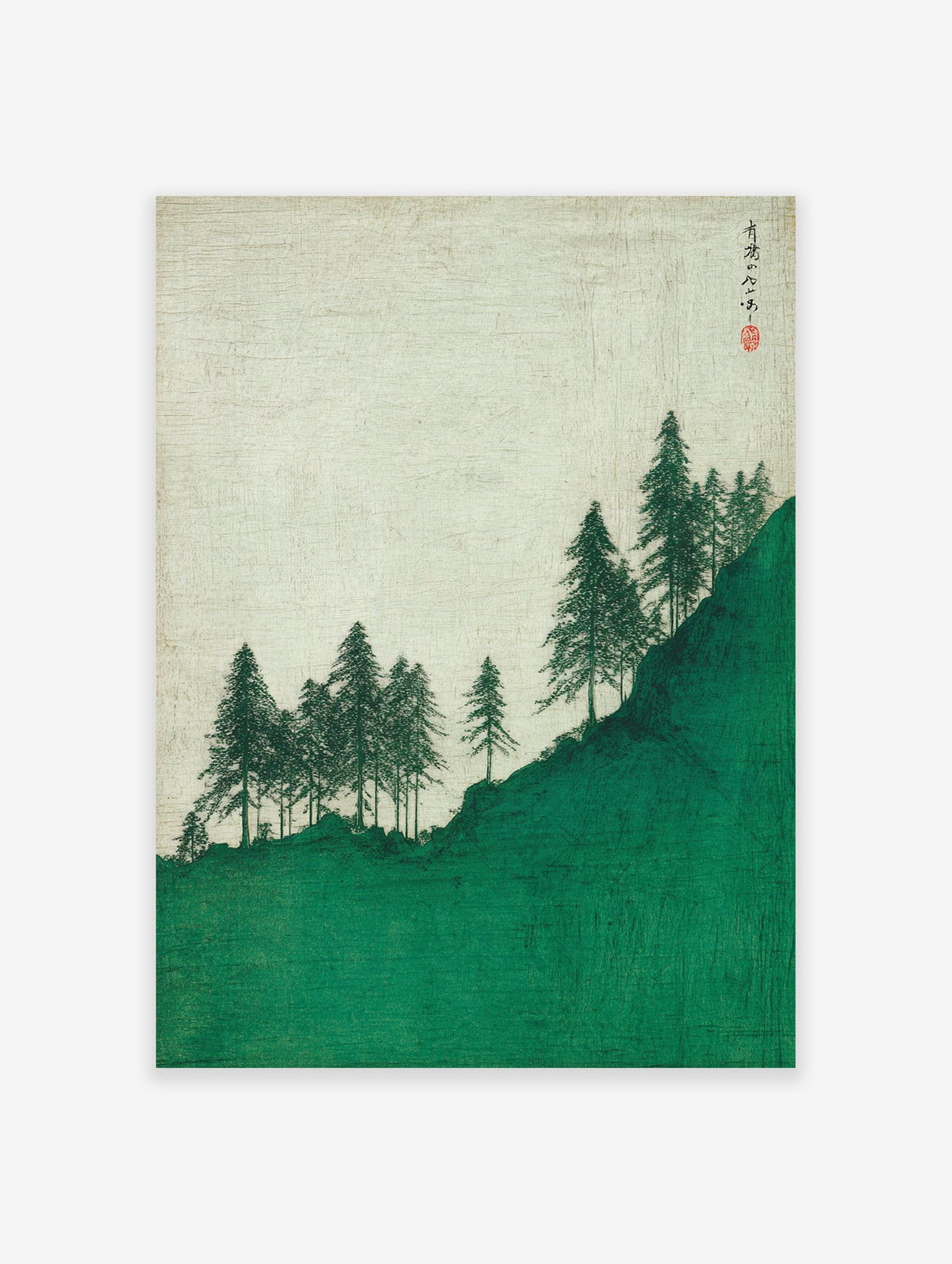 Japanese landscape wall art print featuring green pine trees on a vibrant green hill with a light textured sky and calligraphy.