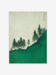 Japanese landscape wall art print featuring green pine trees on a vibrant green hill with a light textured sky and calligraphy.