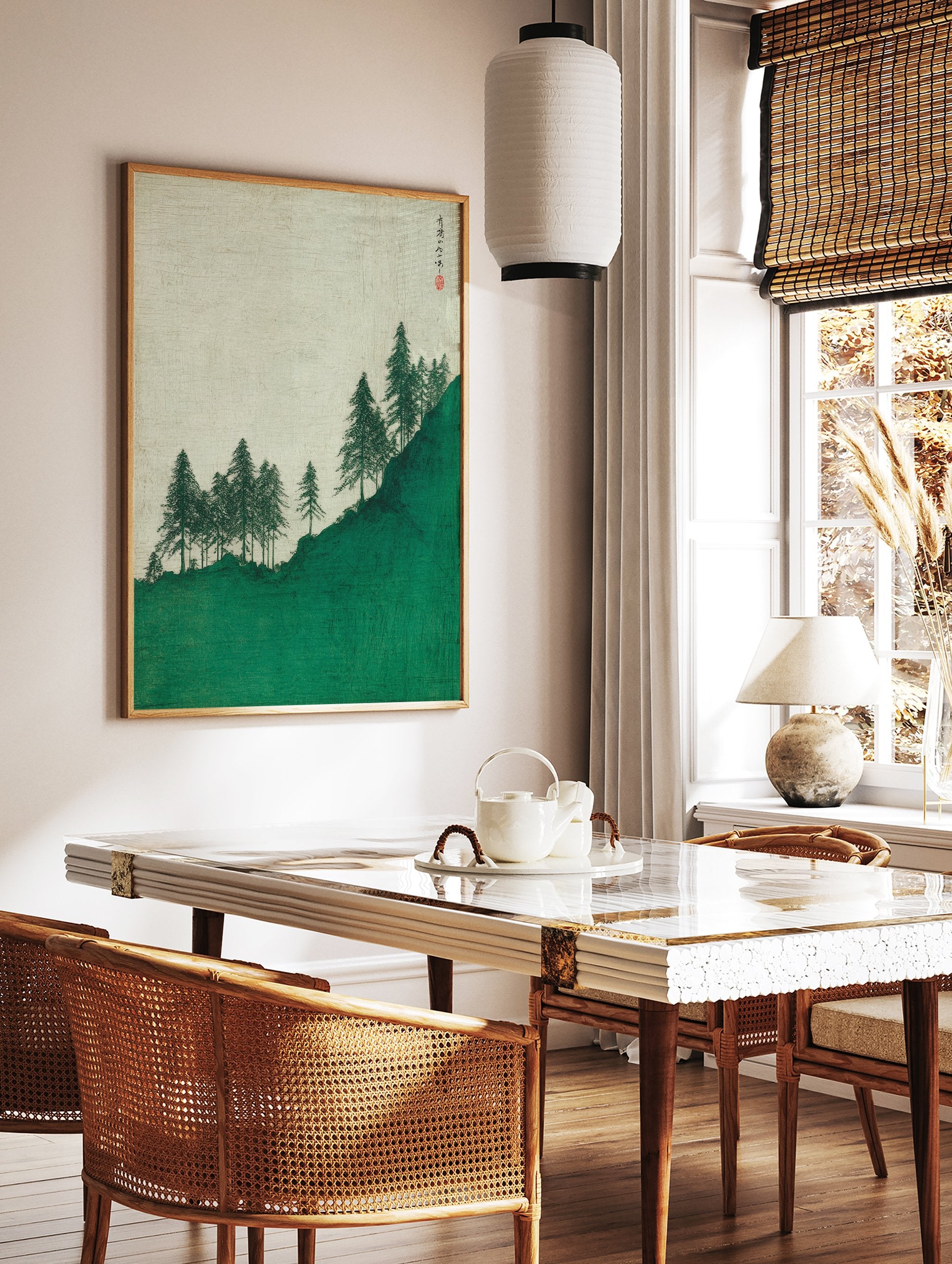Japanese landscape wall art print featuring green pine trees on a vibrant green hill with a light textured sky and calligraphy. - Image 2