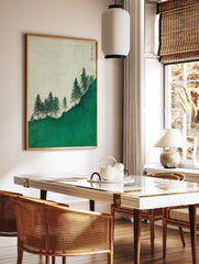 Japanese landscape wall art print featuring green pine trees on a vibrant green hill with a light textured sky and calligraphy. - Image 2