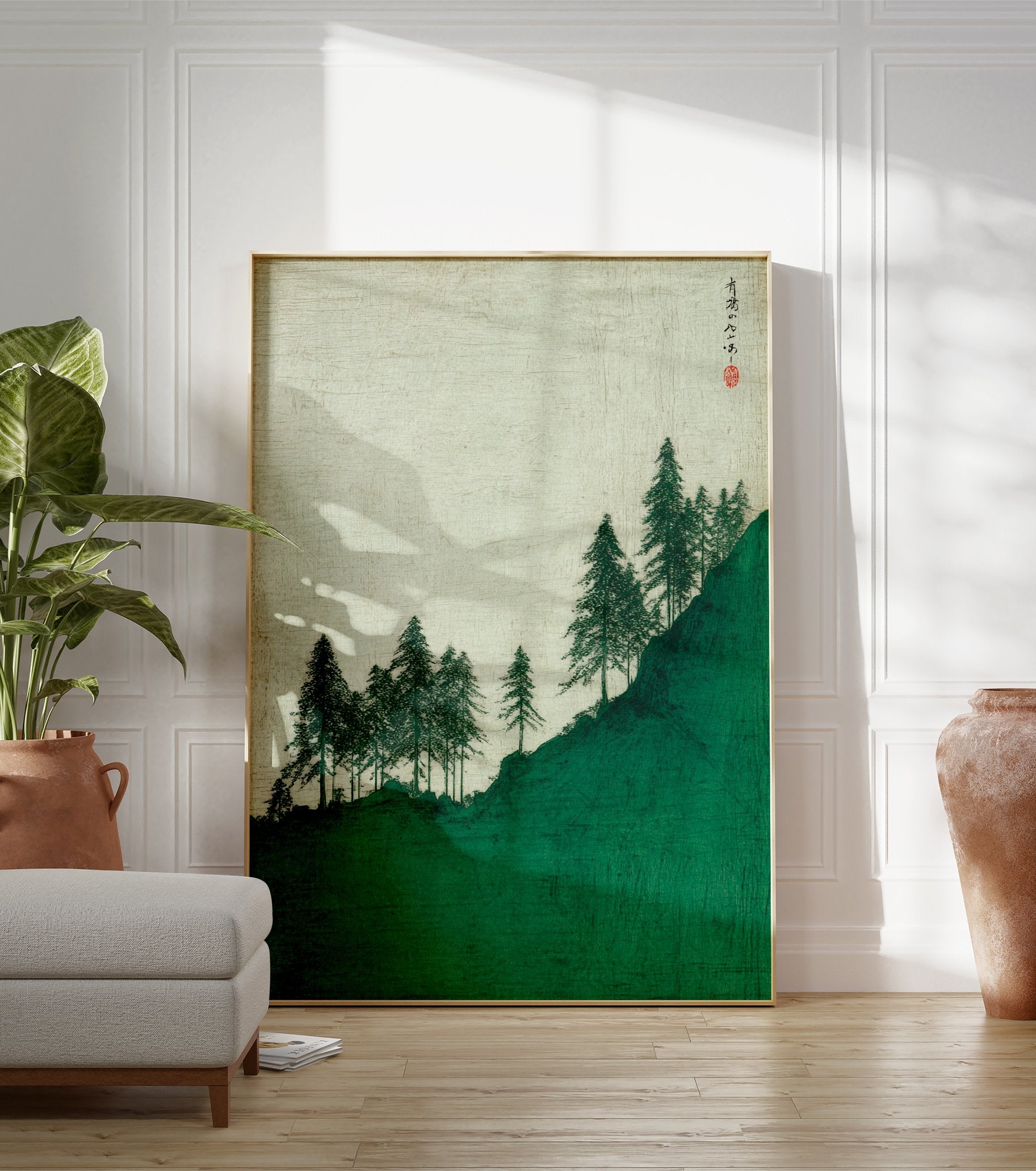 Japanese landscape wall art print featuring green pine trees on a vibrant green hill with a light textured sky and calligraphy. - Image 3
