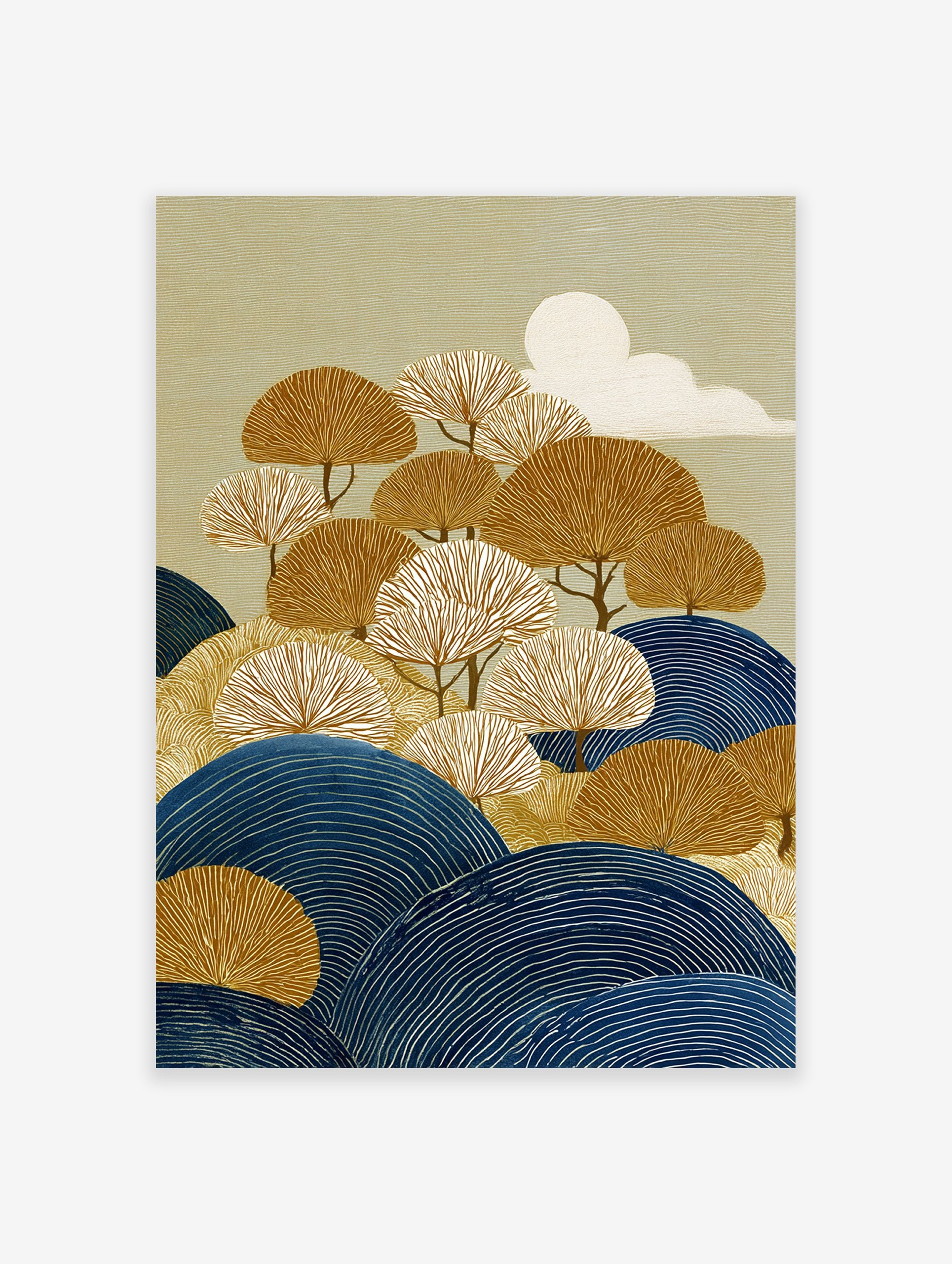 Japanese landscape wall art featuring stylized golden and white fan trees, blue rolling hills, and a white sun on a textured olive green background.