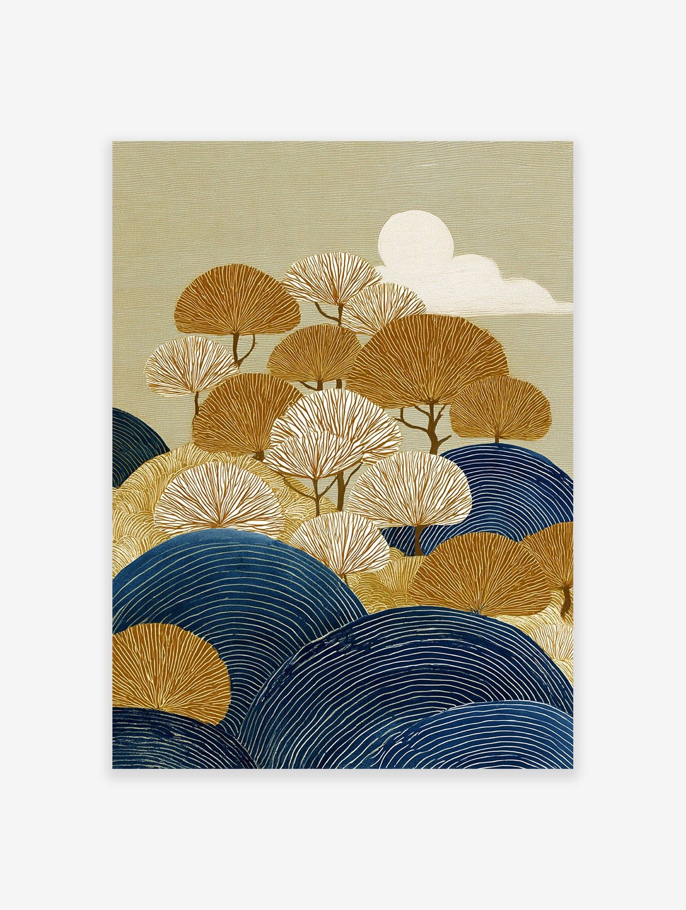 Japanese landscape wall art featuring stylized golden and white fan trees, blue rolling hills, and a white sun on a textured olive green background.